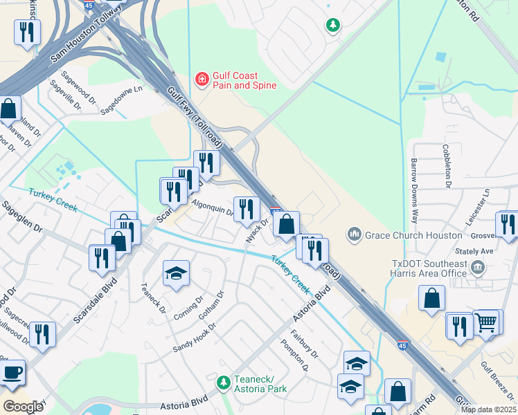 map of restaurants, bars, coffee shops, grocery stores, and more near 11899 Algonquin Drive in Houston