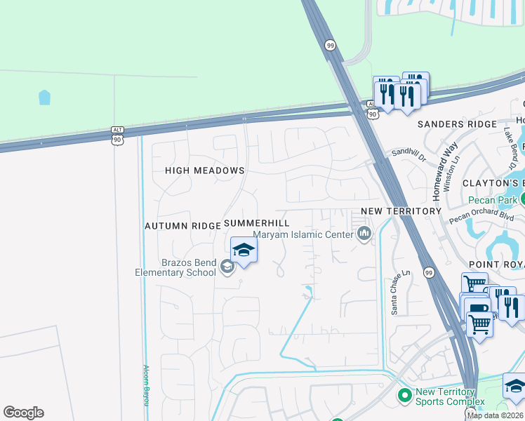map of restaurants, bars, coffee shops, grocery stores, and more near 238 Darby Trails Drive in Sugar Land