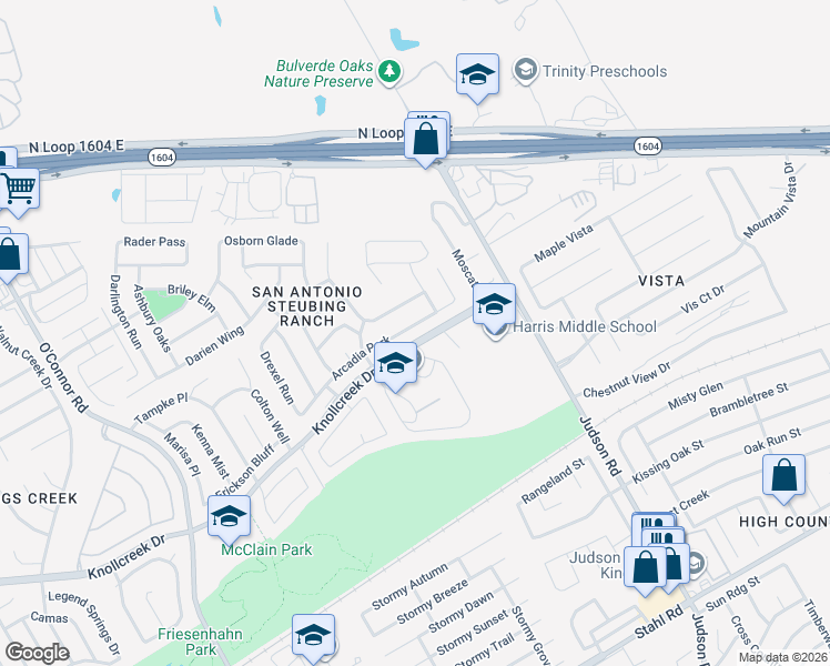 map of restaurants, bars, coffee shops, grocery stores, and more near 5622 Arcadia Park in San Antonio