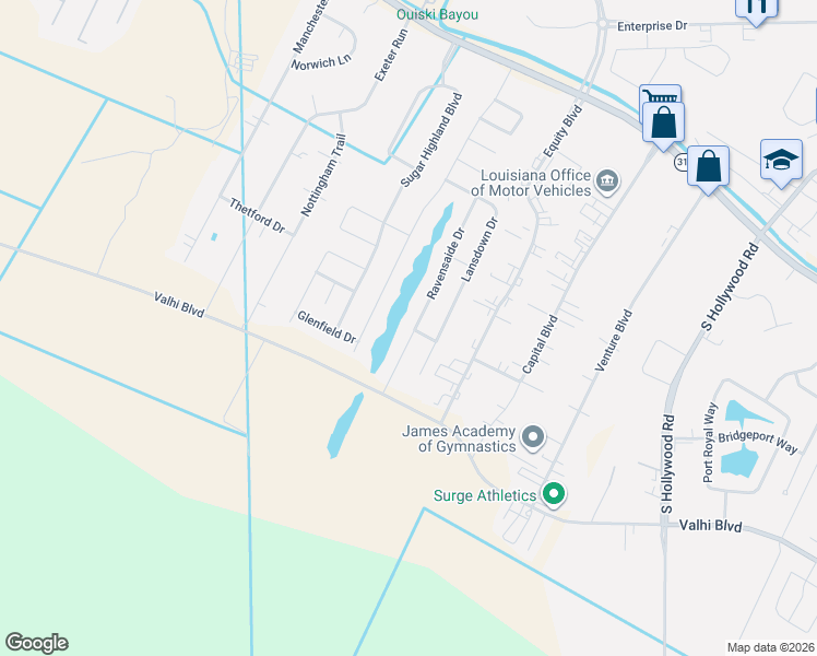 map of restaurants, bars, coffee shops, grocery stores, and more near 234 Ravensaide Drive in Houma