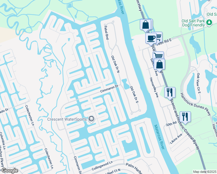 map of restaurants, bars, coffee shops, grocery stores, and more near 129 Cimmaron Drive in Palm Coast