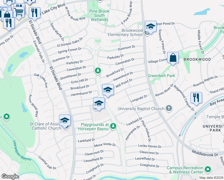 map of restaurants, bars, coffee shops, grocery stores, and more near 16238 Mill Point Drive in Houston