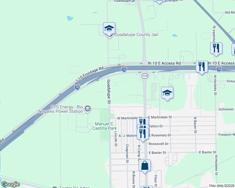 map of restaurants, bars, coffee shops, grocery stores, and more near 2551 North Guadalupe Street in Seguin