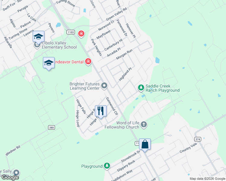 map of restaurants, bars, coffee shops, grocery stores, and more near 101 Highland Place in Cibolo