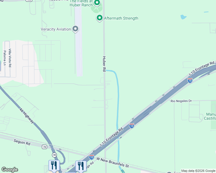 map of restaurants, bars, coffee shops, grocery stores, and more near 2365 Huber Road in Seguin
