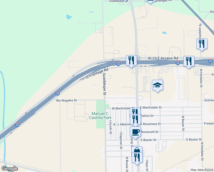 map of restaurants, bars, coffee shops, grocery stores, and more near 2545 North Guadalupe Street in Seguin