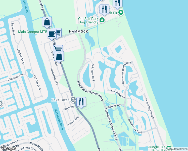 map of restaurants, bars, coffee shops, grocery stores, and more near 21 Oak View Circle East in Palm Coast
