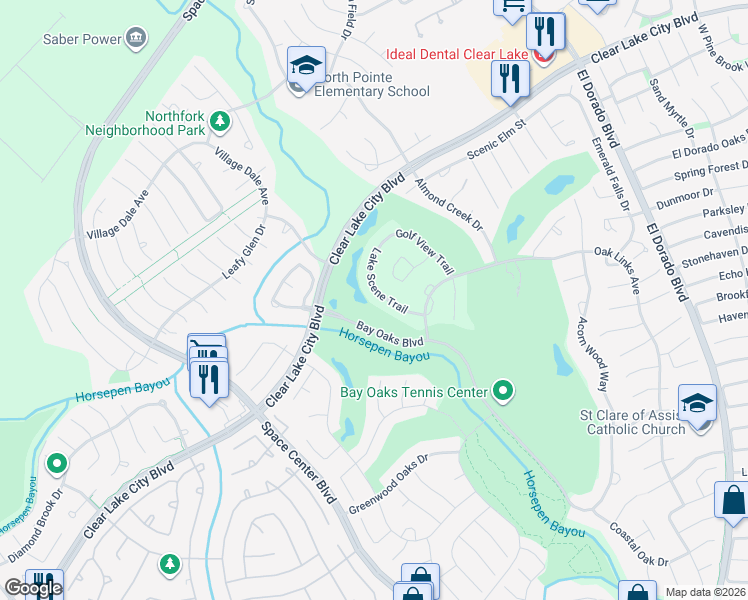 map of restaurants, bars, coffee shops, grocery stores, and more near 14138 Lake Scene Trail in Houston