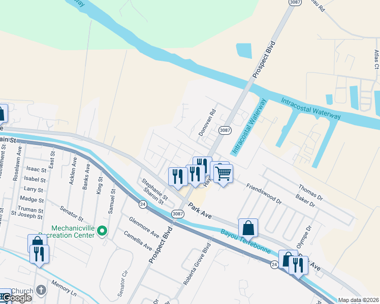 map of restaurants, bars, coffee shops, grocery stores, and more near 9277 Port Au Prince Court in Houma