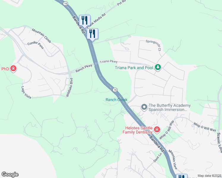 map of restaurants, bars, coffee shops, grocery stores, and more near 16501 Bandera Road in Helotes
