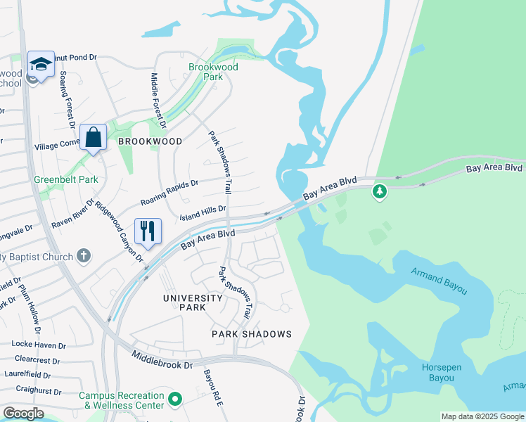 map of restaurants, bars, coffee shops, grocery stores, and more near 4301 Bay Area Boulevard in Houston