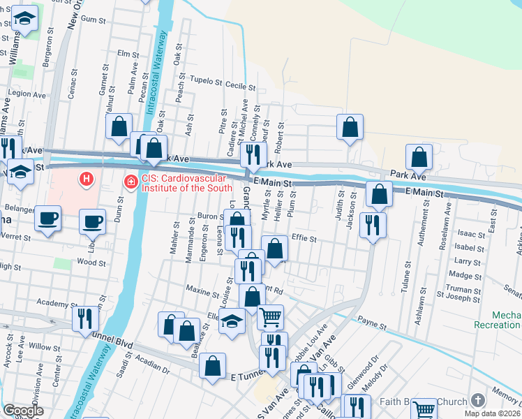map of restaurants, bars, coffee shops, grocery stores, and more near 1606 Furman Street in Houma