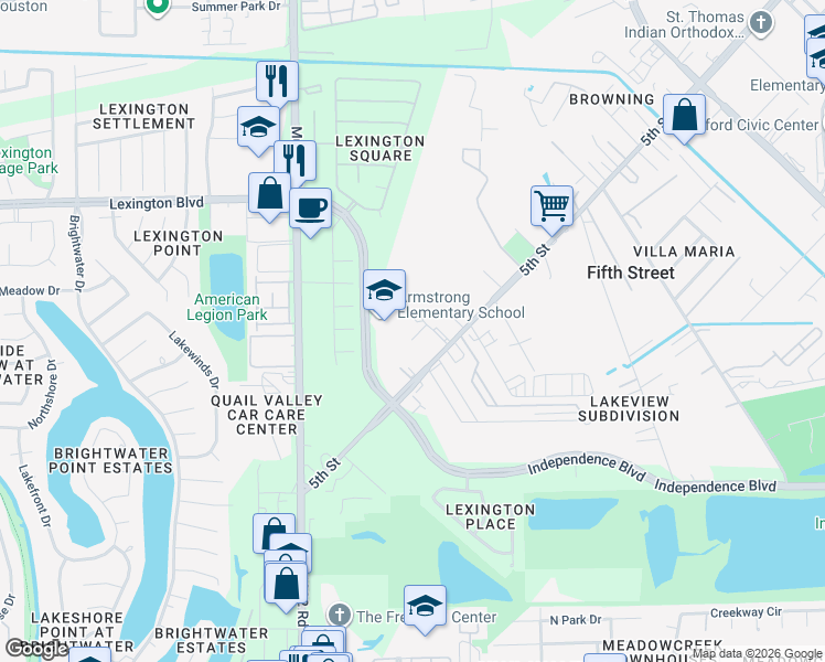 map of restaurants, bars, coffee shops, grocery stores, and more near 1122 Barker Street in Stafford