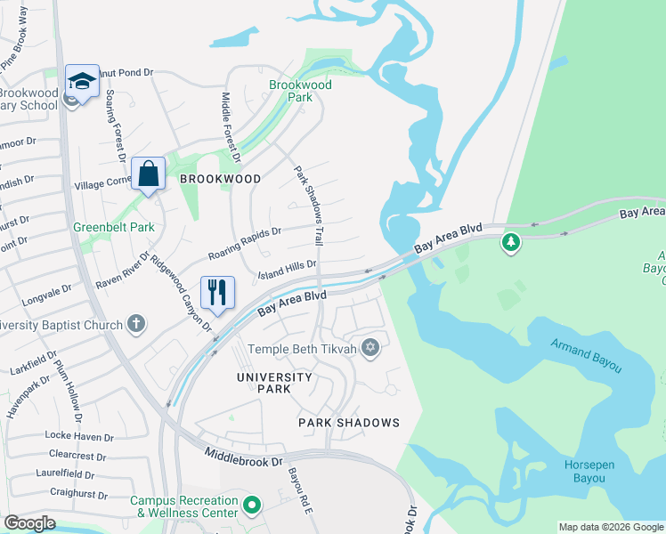 map of restaurants, bars, coffee shops, grocery stores, and more near 4223 Island Hills Drive in Houston