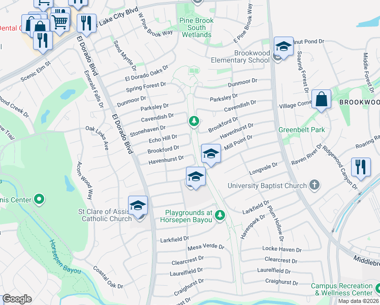 map of restaurants, bars, coffee shops, grocery stores, and more near 16018 Brookford Drive in Houston