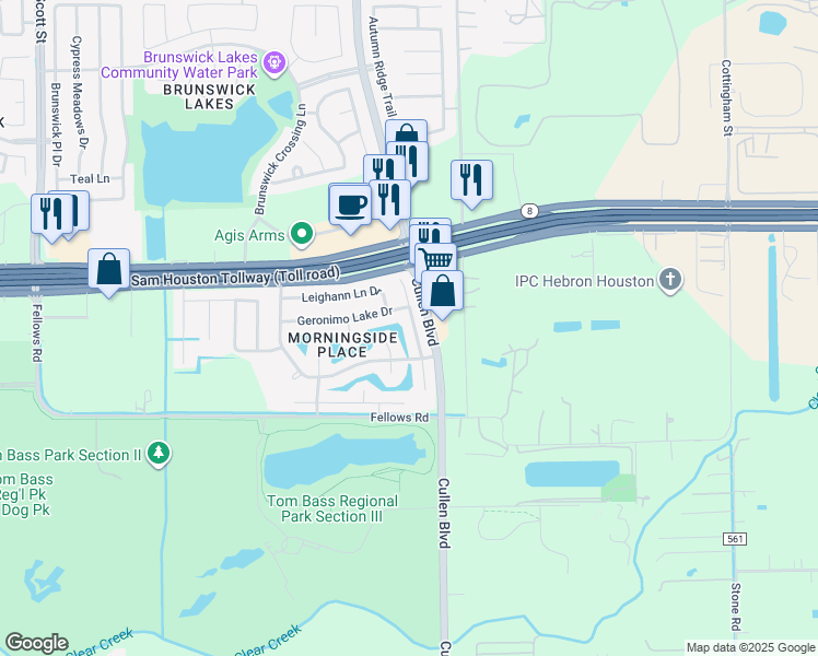 map of restaurants, bars, coffee shops, grocery stores, and more near 14614 County Cress Drive in Houston