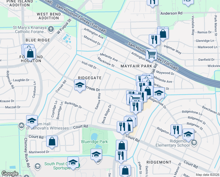 map of restaurants, bars, coffee shops, grocery stores, and more near 15819 Donforth Drive in Houston