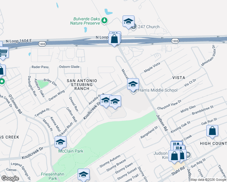 map of restaurants, bars, coffee shops, grocery stores, and more near 5622 Arcadia Park in San Antonio