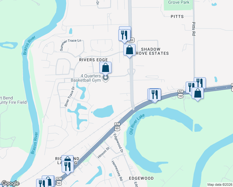 map of restaurants, bars, coffee shops, grocery stores, and more near 137 Farm to Market 359 in Richmond