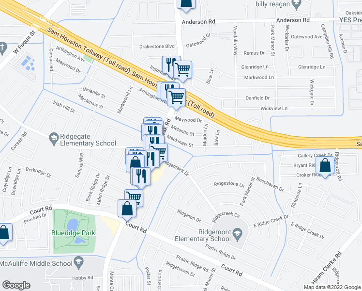 map of restaurants, bars, coffee shops, grocery stores, and more near 5401 Mackinaw Street in Houston