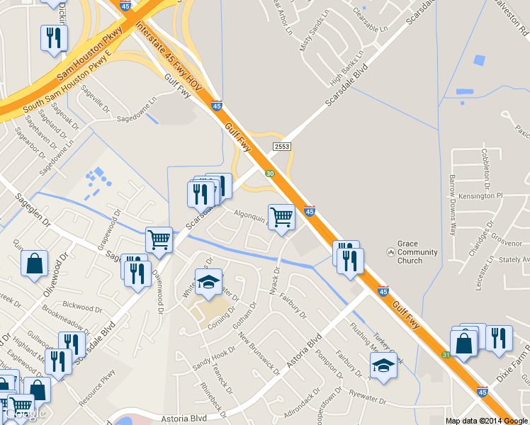 map of restaurants, bars, coffee shops, grocery stores, and more near 11839 Algonquin Drive in Houston