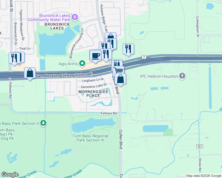 map of restaurants, bars, coffee shops, grocery stores, and more near 14614 County Cress Drive in Houston
