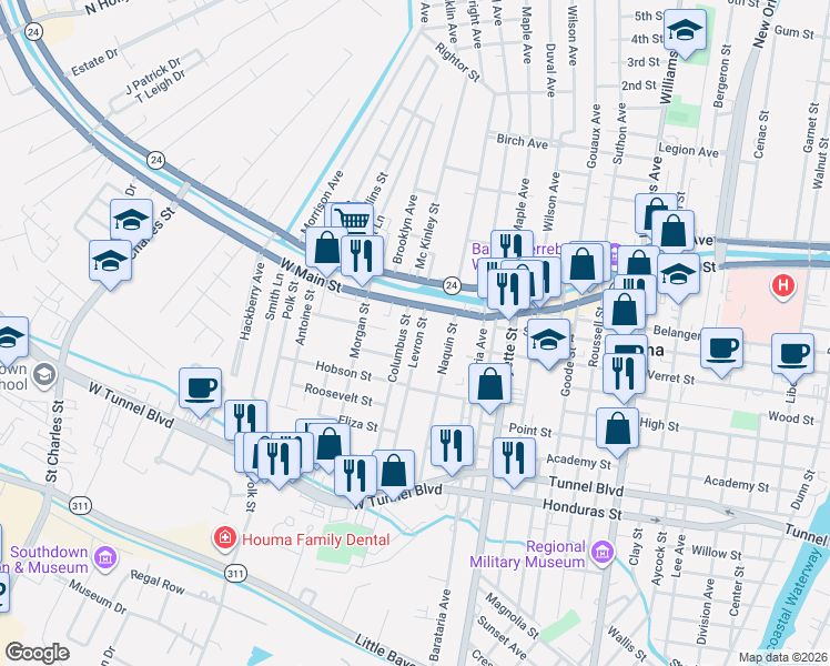 map of restaurants, bars, coffee shops, grocery stores, and more near 101-155 Levron Street in Houma