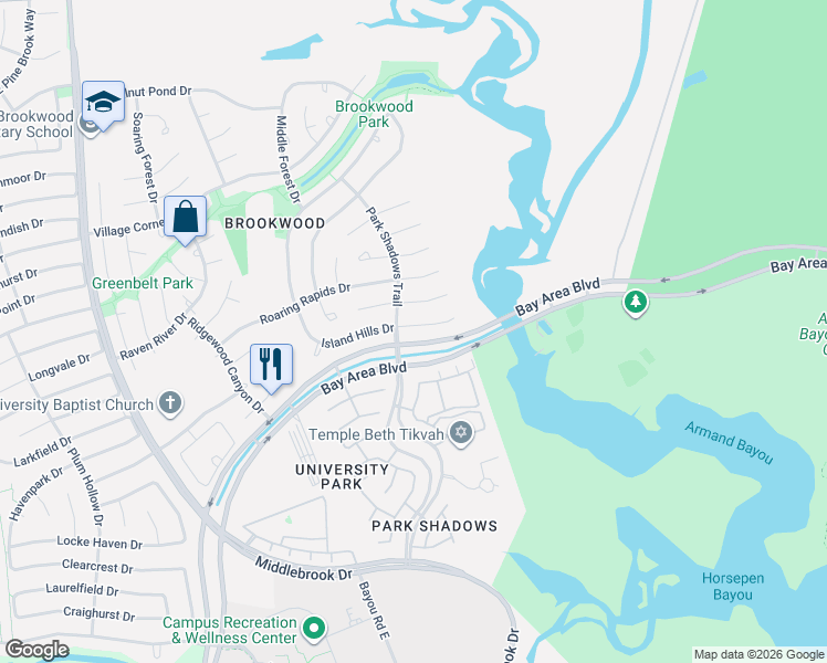 map of restaurants, bars, coffee shops, grocery stores, and more near 4223 Island Hills Drive in Houston