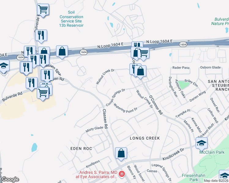 map of restaurants, bars, coffee shops, grocery stores, and more near 4827 Corian Springs Drive in San Antonio