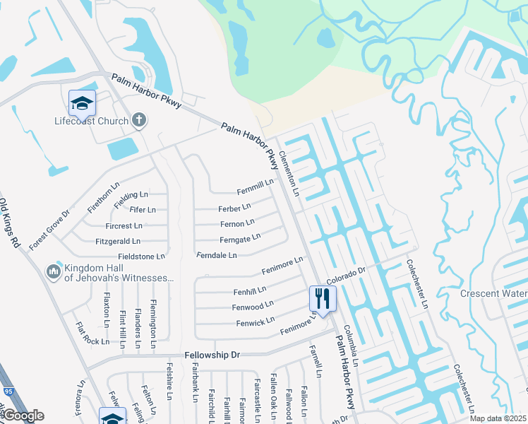 map of restaurants, bars, coffee shops, grocery stores, and more near 6 Fernon Lane in Palm Coast