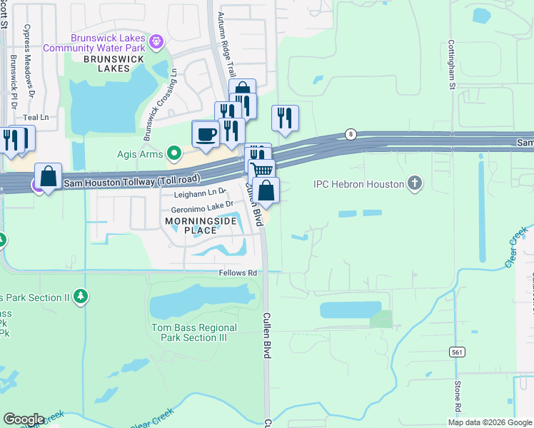 map of restaurants, bars, coffee shops, grocery stores, and more near 14551 Cullen Boulevard in Houston