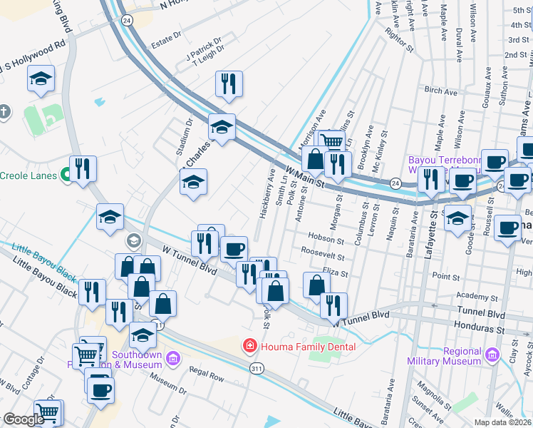 map of restaurants, bars, coffee shops, grocery stores, and more near 132-198 Wolff Pkwy in Houma