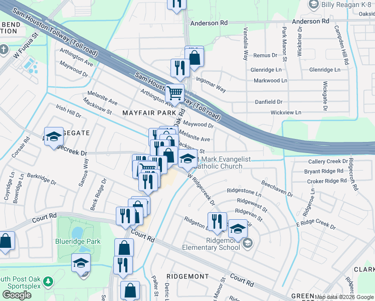 map of restaurants, bars, coffee shops, grocery stores, and more near 5401 Mackinaw Street in Houston