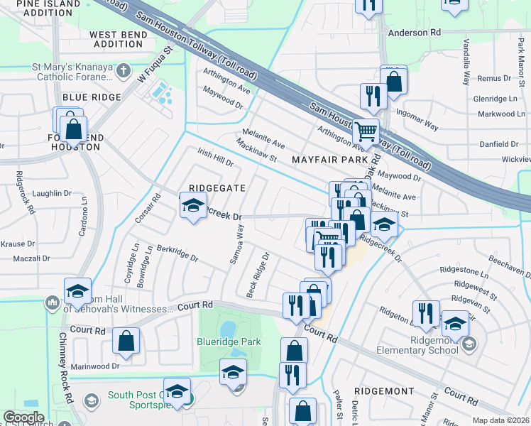 map of restaurants, bars, coffee shops, grocery stores, and more near 15819 Donforth Drive in Houston