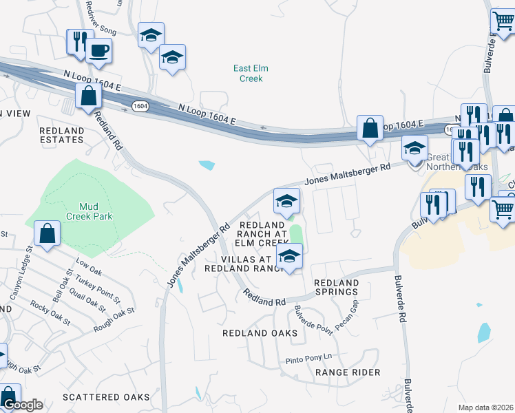 map of restaurants, bars, coffee shops, grocery stores, and more near 3434 Crimson Stable in San Antonio