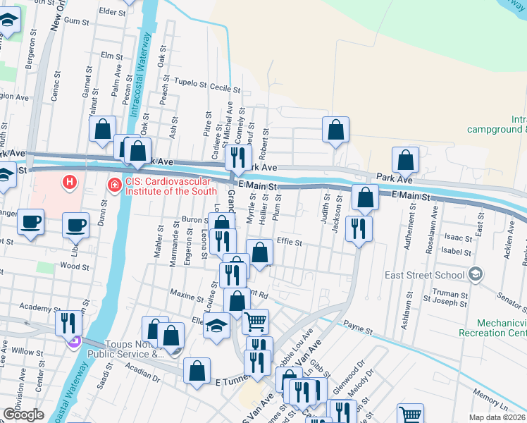 map of restaurants, bars, coffee shops, grocery stores, and more near 198 Hellier Street in Houma