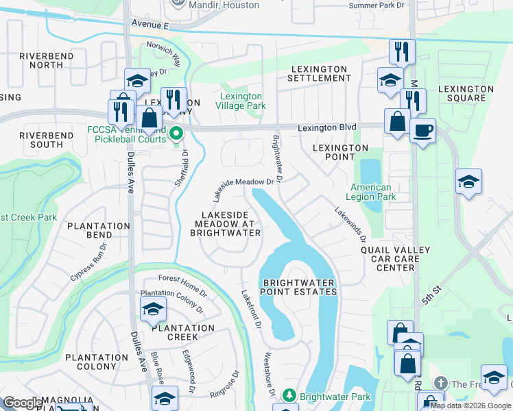 map of restaurants, bars, coffee shops, grocery stores, and more near 1615 Northshore Drive in Missouri City