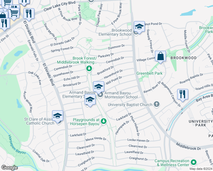 map of restaurants, bars, coffee shops, grocery stores, and more near 16238 Mill Point Drive in Houston