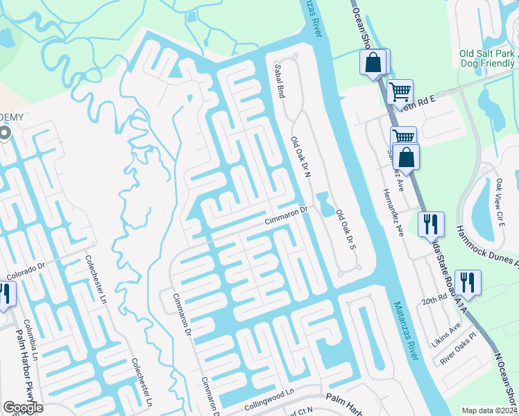 map of restaurants, bars, coffee shops, grocery stores, and more near 7 Cherokee Court West in Palm Coast