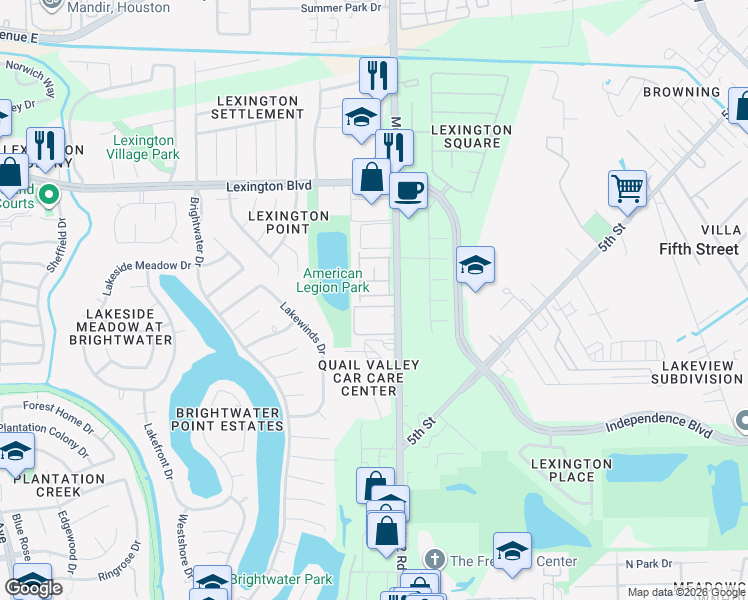 map of restaurants, bars, coffee shops, grocery stores, and more near 3811 Landmark Drive in Missouri City