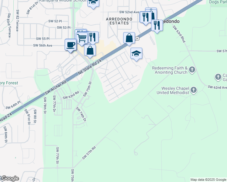 map of restaurants, bars, coffee shops, grocery stores, and more near 2431 Southwest 70th Drive in Gainesville