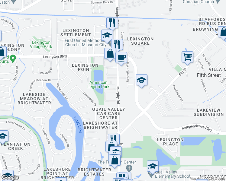 map of restaurants, bars, coffee shops, grocery stores, and more near 3811 Landmark Drive in Missouri City