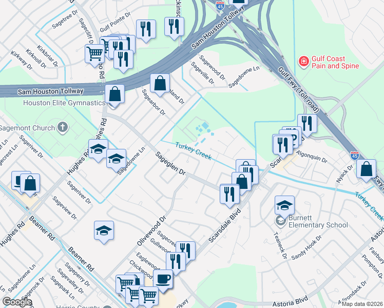 map of restaurants, bars, coffee shops, grocery stores, and more near 11435 Graywood Drive in Houston