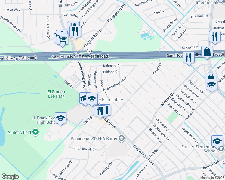 map of restaurants, bars, coffee shops, grocery stores, and more near 10207 Sageyork Drive in Houston