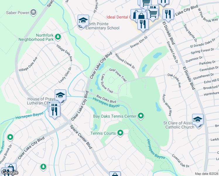 map of restaurants, bars, coffee shops, grocery stores, and more near 2338 Central Park Circle in Houston