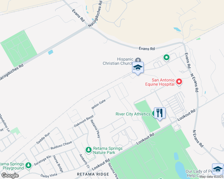 map of restaurants, bars, coffee shops, grocery stores, and more near 8303 Breezy Cove in Schertz