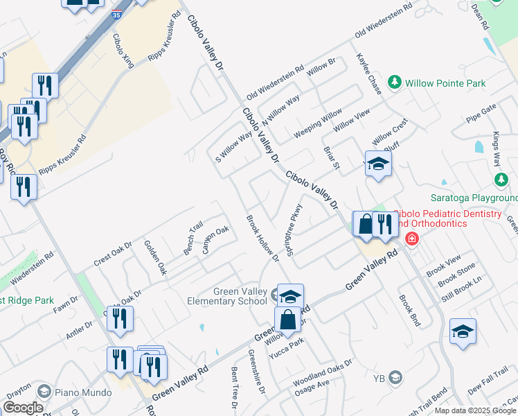 map of restaurants, bars, coffee shops, grocery stores, and more near 141 Springtree Gate in Cibolo
