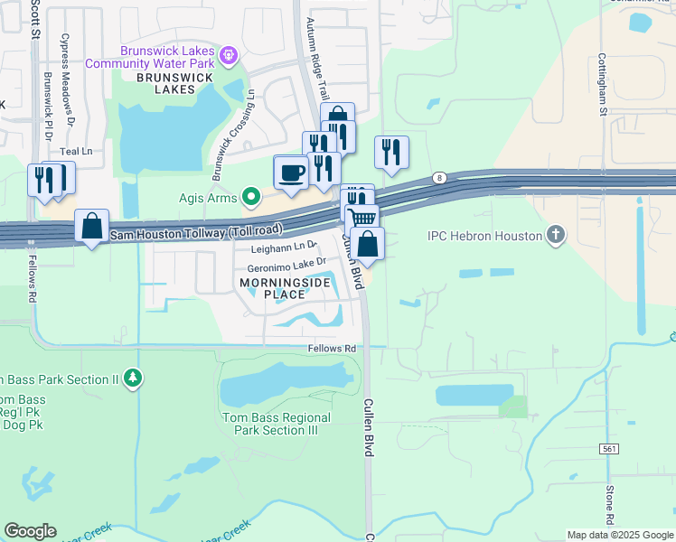 map of restaurants, bars, coffee shops, grocery stores, and more near 14614 County Cress Drive in Houston