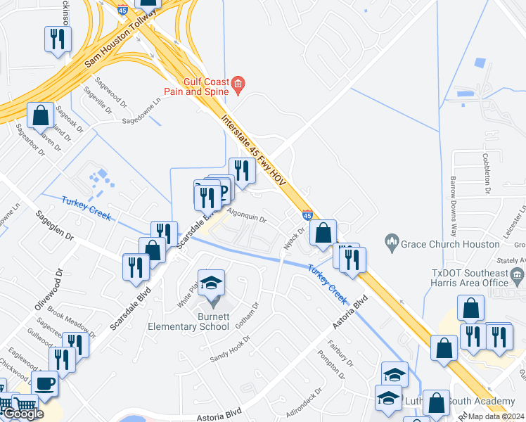 map of restaurants, bars, coffee shops, grocery stores, and more near 11813 Algonquin Drive in Houston