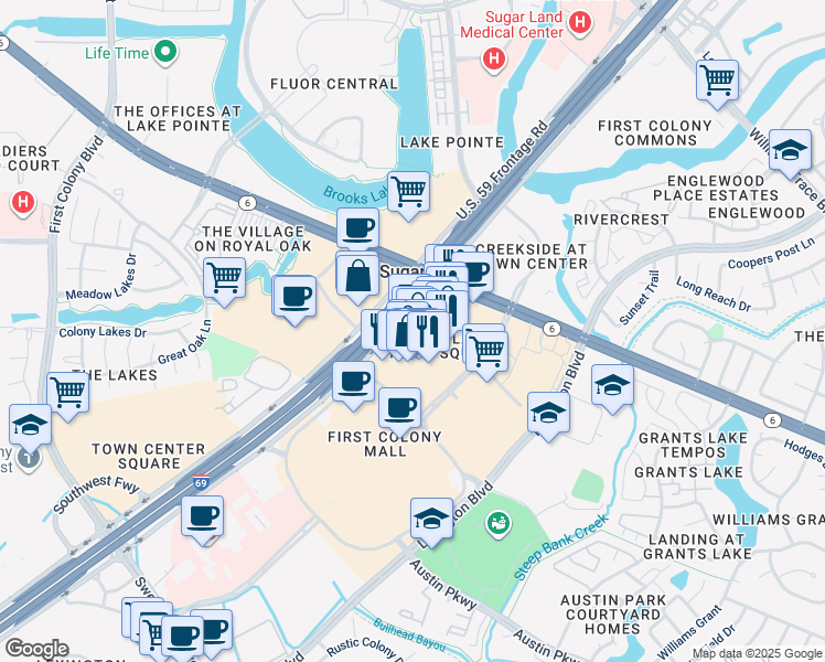 map of restaurants, bars, coffee shops, grocery stores, and more near 2120 Town Square Place in Sugar Land